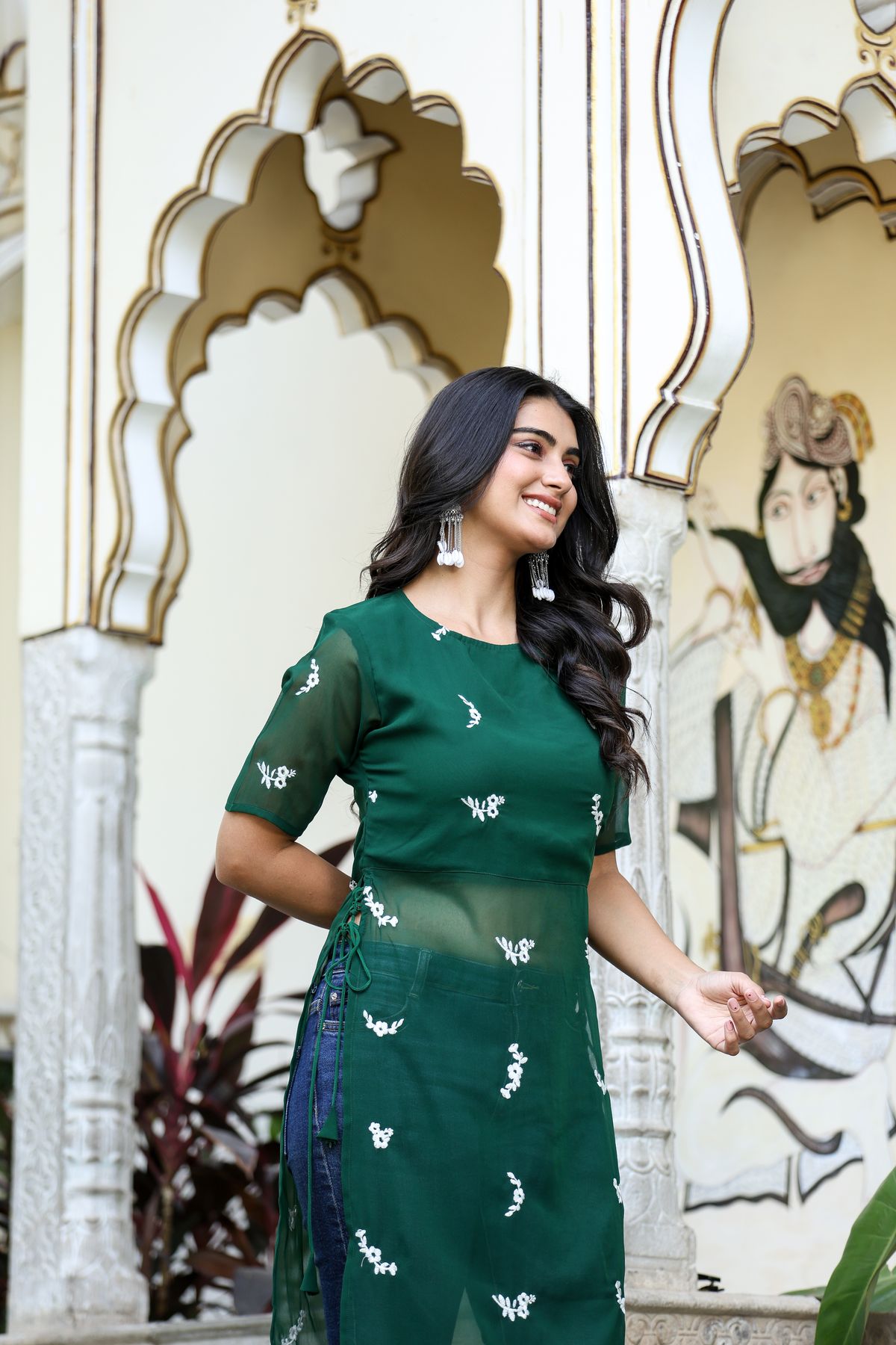 Bottle Green Embroidered Kurti with Side Tie-Up – Bahe Kurtiz