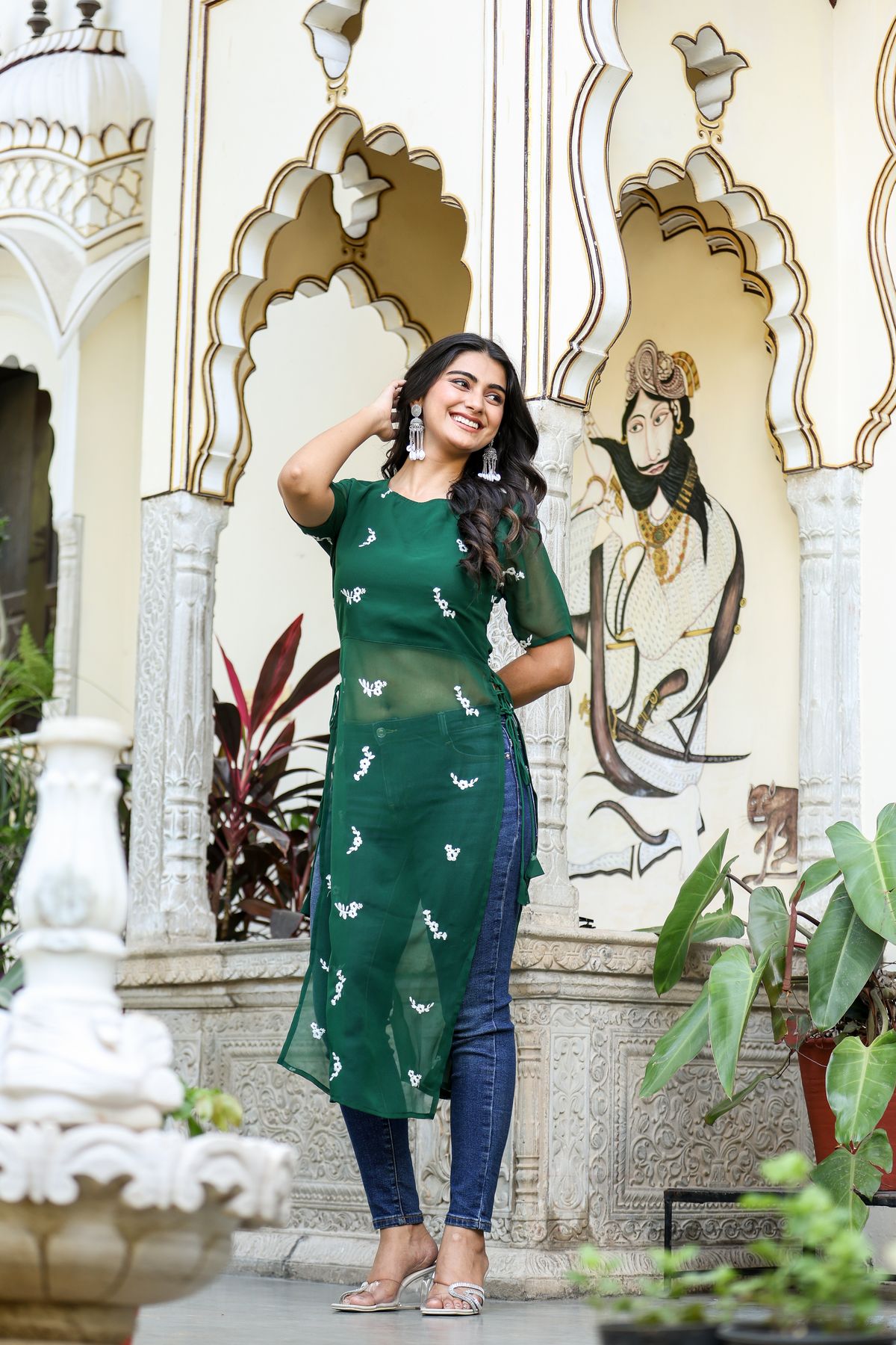 Bottle Green Embroidered Kurti with Side Tie-Up – photo 4