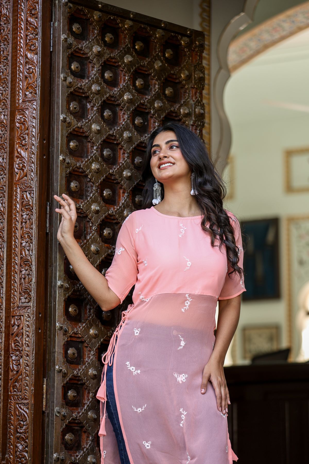 Peach Embroidered Kurti with Side Tie-Up – Bahe Kurtiz