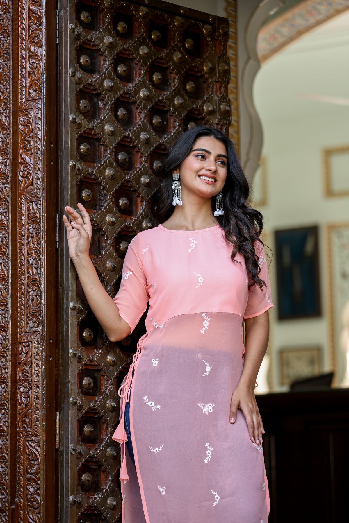 Peach Embroidered Kurti with Side Tie-Up – photo 4