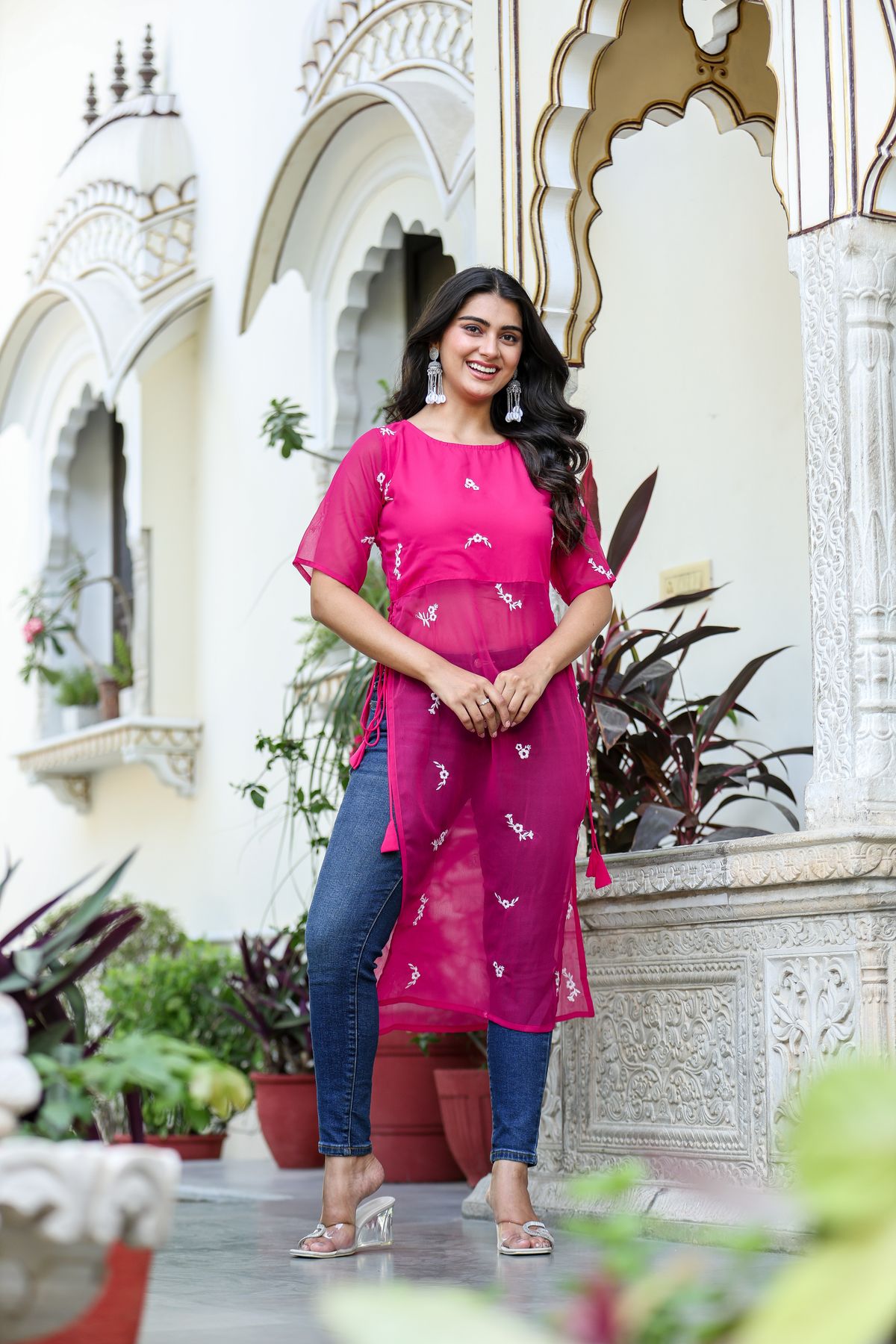 Rani Pink Embroidered Kurti with Side Tie-Up – photo 3